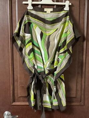 Michael Kors Green, Brown & Cream Striped Pattern Silk Tunic